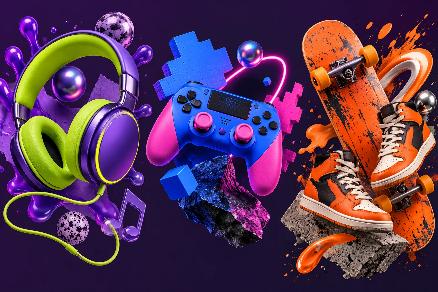 Farbenfrohe Illustration: Musik, Gaming und Skateboarding