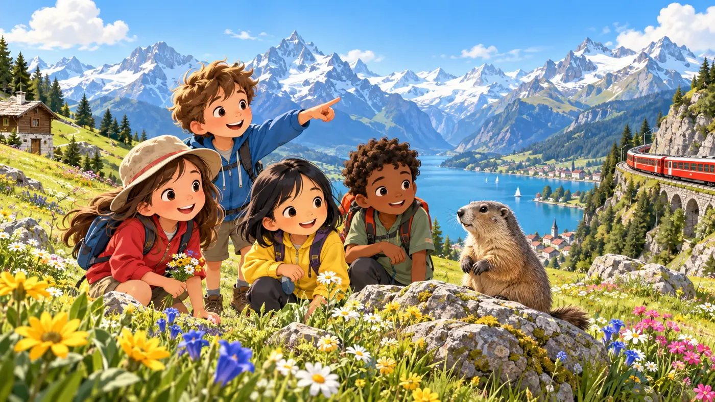 Illustrierte Kinder entdecken gemeinsam die Schweiz