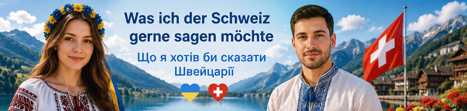 Ukrainische Frau und ukrainischer Mann vor Schweizer Berglandschaft