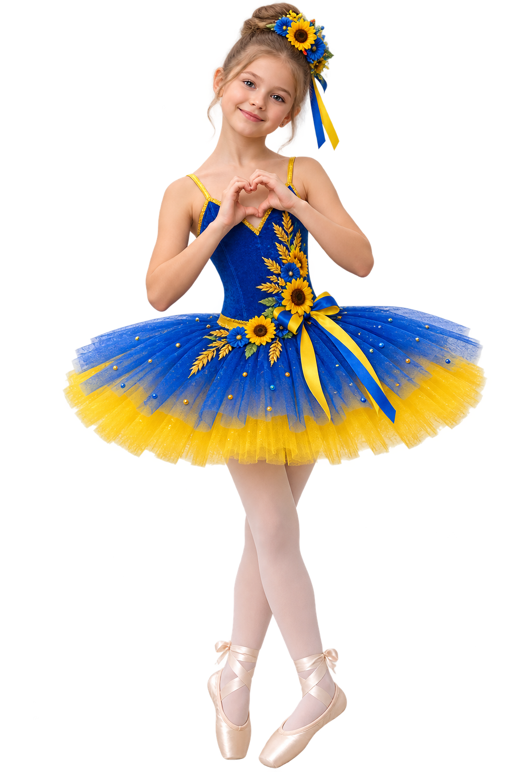 Mädchen in einem blau-gelben, ballettähnlichen Bühnenkostüm